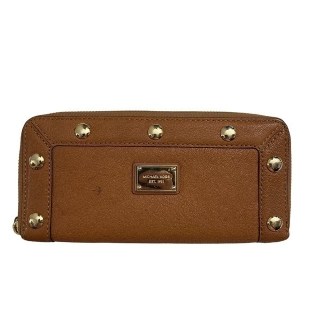 Michael Kors brown leather studded zipper clutch wallet